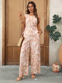 EMERY ROSE Conjunto de 2 piezas de camiseta sin mangas y pantalones con estampado de plantas para vacaciones de mujer - Caqui - Ver 3