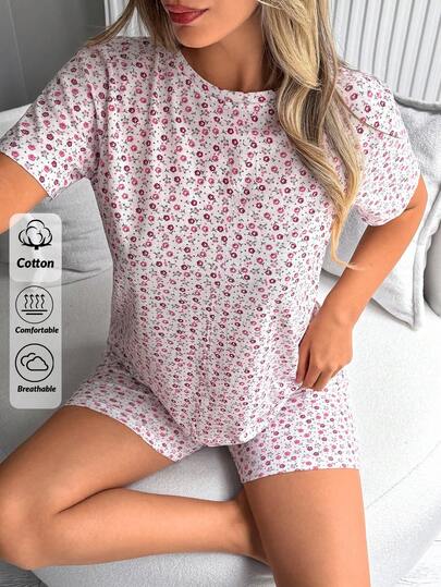 SHEIN Cotton Women Overall Minimal Floral Patterned Casual Short Sleeve Round Neck Sleep Tee + Shorts Sleep Bottom Two Pieces Comfort Pajama Lounge Set
