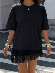 Muchica 女士新款黑色撞色蕾丝宽松短袖T恤，适合外出、街头风、Y2K时尚、夏季穿着，黑色蕾丝边饰上衣 - 黑色 - 查看 6