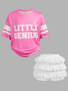 少女粉色极简字母印花蛋糕裙短裤两件套，休闲时尚百搭街头风 - 粉色 - 查看 14