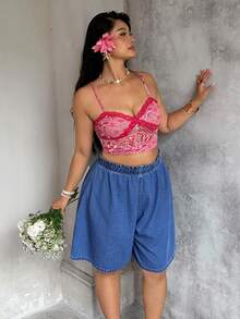 Sunnyshic Plus Size Solid Color Elastic Waist Loose Wide Leg Casual Denim Shorts For Women Y2k Summer Clothes Xrlq9 Ladies Clothes Y2k Skirt Denim - Blue - View 6