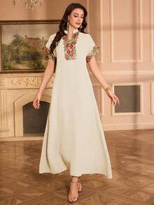 Al Najma Embroidered Collar Floral Raglan Sleeve Mandarin Collar Elegant Dress - Beige - View 6