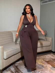 NU&NOW Sexy Fitted V-Neck Tie Strap Tank Top And Wide Leg Pants Plus Size 2 Pieces Set Brown 2 Pieces Set Women Plus Size - Coffee Brown - View 3