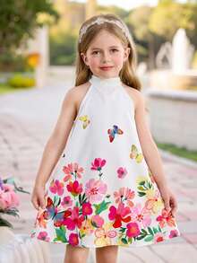 一件式少女编织花卉印花无袖修身套头连衣裙，春夏款式 - 白色 - 查看 1