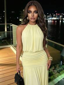 Slaydiva New Early Spring, Spring And Summer Music Festival, Valentine's Day, Easter, Bohemian Style, Nomadic Style, Casual, Simple And Basic, Cruise Party, Birthday Party, Daily Date, Casual Vacation, Elegant Commuting, Round Neck, Halter, Tie, Large Backless, Pleated Design, A Skirt, Light Yellow Dress, Slim Dress, Long Dress, Net Fabric, Long Dress For Women -B - Light Yellow - View 9