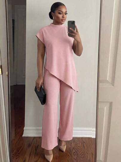 SHEIN Lady CURVE Plus Size Women Solid Metallic Round Neck Loose Asymmetric Hem Elegant Top, Valentine's Day New Year Party Long Sleeve Top, Valentine's Day New Year Party Women Top