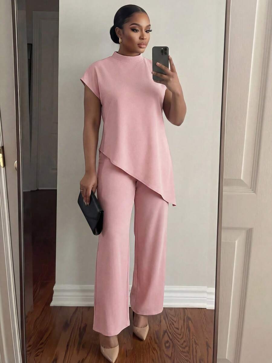 SHEIN Lady CURVE Top elegant pentru femei de mărime mare, cu guler rotund, lejer, asimetric, cu tiv, Ziua Îndrăgostiților, cu mânecă lungă, pentru petrecerea de Anul Nou, Top pentru femei de Ziua Îndrăgostiților, pentru petrecerea de Anul Nou - Roz - Vizualizare 1
