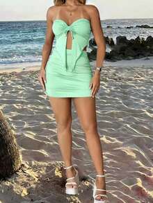 INAWLY Women's Summer New Strapless Asymmetrical Hem Top And Ruched Hem Skirt Sexy 2 Pieces Set - Mint Green - View 6