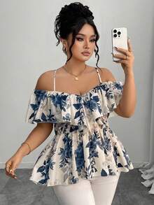 Elenzga 大码优雅露肩荷叶边A字上衣，春夏款 - 藏蓝色 - 查看 3