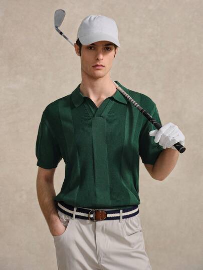 Courvante 男士夏季休闲条纹拼接针织上衣 男士绿色针织Polo衫 男士夏季Polo衫 Tenniscore