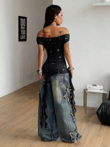 Coolane Women's Summer Rave Outfit Going Out Party Sexy   Game Day  Boho  Music Festival Vacation Sequin Glitter Off The Shoulder Black Ruffle Asymmetrical  Tees - Black - View 6