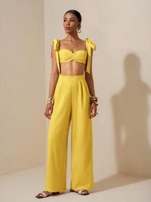 Zivah Beach New Spring And Summer Casual Holiday Bowknot Shoulder Straps Chest-Wrapped Heart Collar Cropped Top + Wide-Leg Super Trousers Apricot Women's Two Pieces Se,Textured Fabric Material - Yellow - View 3