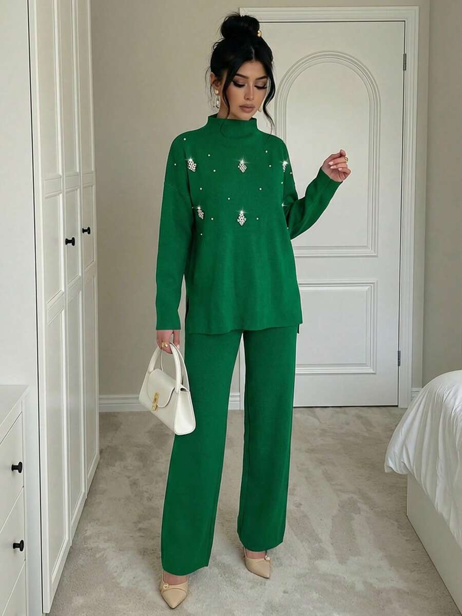 SHEIN Cottnline Ensemble De Tricots Ornés De Perles Pour Femme 2 Pièces - Vert - Voir 1