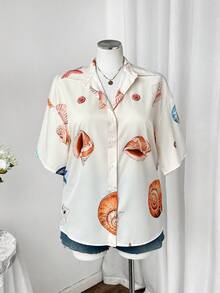 Sweetra Blusa holgada de talla grande para mujer con estampado de paisaje marino, elegante y casual, estilo de vacaciones, para primavera/verano - Albaricoque - Ver 5
