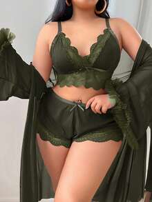 Slumberist 3pcs Set: Lace Trim Camisole Shorts + Floral Lace Trim Loose Robe, Plus Size - Army Green - View 3