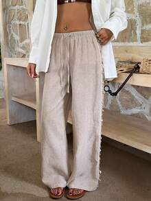 SHEIN EZwear Quần ống rộng nữ cạp chun, kiểu dáng thường ngày, đa năng, thích hợp mặc hàng ngày. - Màu be - Xem 3