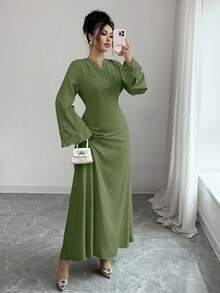 Rafferiza Women's Loose V-Neck Ruffle Hem Long Sleeve Robe, Turkish Robe, Arabian Robe - Olive Green - View 6