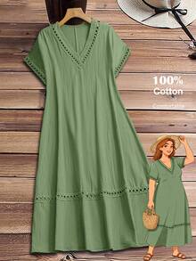 Rusticease Đầm nữ cỡ lớn màu trơn cổ chữ V tay ngắn kiểu dáng thường ngày, thích hợp cho mùa hè. - màu xanh lá - Xem 1