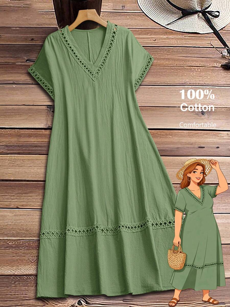 Rusticease Đầm nữ cỡ lớn màu trơn cổ chữ V tay ngắn kiểu dáng thường ngày, thích hợp cho mùa hè. - màu xanh lá - Xem 1