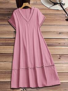 Rusticease Đầm nữ cỡ lớn màu trơn cổ chữ V tay ngắn kiểu dáng thường ngày, thích hợp cho mùa hè. - Hồng - Xem 2