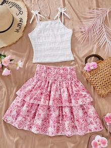 SHEIN Sparklyn 2pcs Teenage Spring/Summer Vacation New White Pleated Camisole Top & Blue Printed Mini Skirt Set - Multicolor - View 2