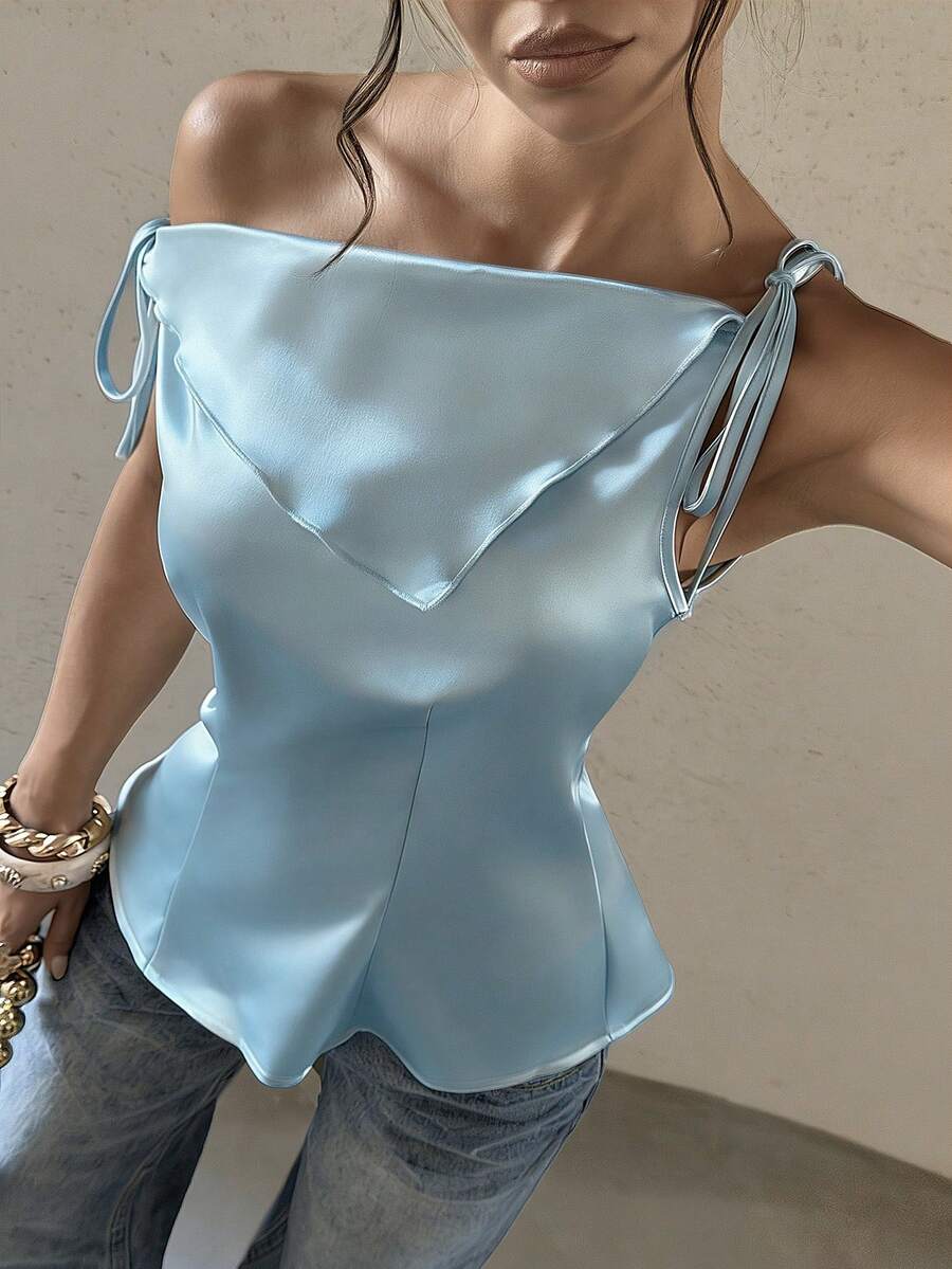 Bluhae 新款缎面时尚百搭女式衬衫 - 藍色 - 查看 1