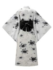 Irokai 日本女性传统花卉印花和服浴衣 - 黑與白 - 查看 2