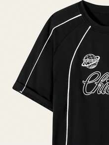 SHEIN 2件套青少年男童休闲字母印花圆领T恤和运动裤套装 - 黑色 - 查看 4