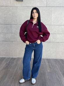 Hitanina 女士宽松半拉链字母印花卫衣，带保暖内衬 - 酒紅色 - 查看 4