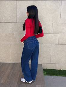 Hitanina Camiseta de manga larga de cuello redondo de algodón con bloques de color azul oscuro para mujer, para uso casual en días de juego, de vuelta a la escuela y en otoño/invierno - Burdeos - Ver 2