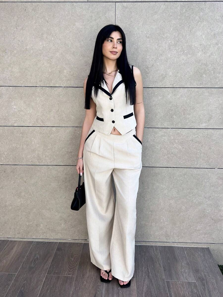 Hitanina 女士优雅通勤撞色边背心和裤子套装 F、所有女士服装、返校装、女士教师服装、优雅婚礼宾客礼服、女士商务休闲装、优雅婚礼宾客礼服、复古风格女士、女士纽扣衬衫、秋冬 - 杏色 - 查看 1