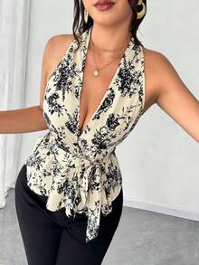 Rafferiza 女士优雅时尚V领荷叶边下摆系带露背时尚设计百搭春夏休闲衬衫，适合度假休闲、海滩旅行、春夏新款、情人节约会、商务通勤、生日、波西米亚风假日、夏季假期等各种场合。 - 彩色 - 查看 3