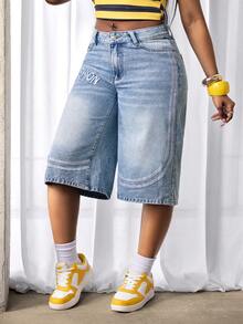 Slaydiva Quần jeans nữ dáng rộng lửng, ống rộng, thêu chữ và có túi, kiểu dáng thường ngày. - Rửa nhẹ - Xem 3