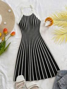 Franclia Women's Striped Elegant And Fashionable Halter Knit Dress - Black - View 6
