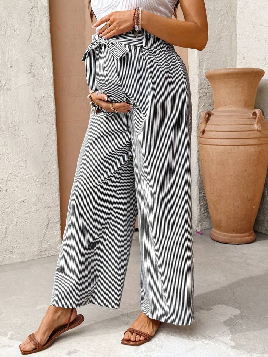 SHEIN 孕妇条纹系带阔腿宽松休闲裤 - 黑色 - 查看 1