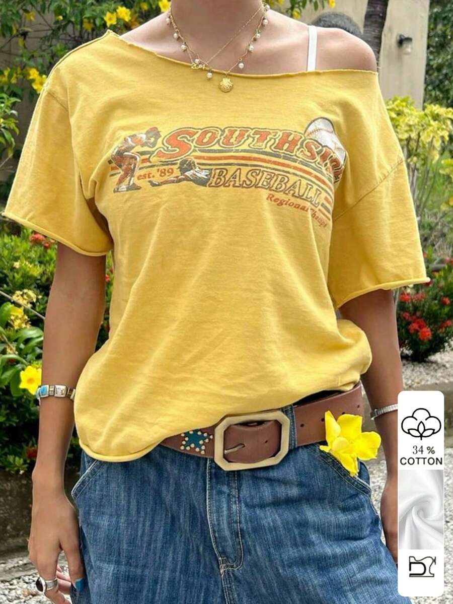 Jouncy 女士字母印花斜肩短袖休闲T恤 - 黃色 - 查看 1