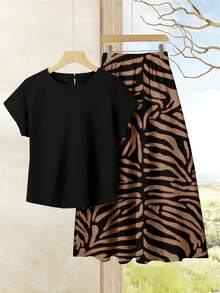 EMERY ROSE 女士度假休闲纯色上衣+印花半裙两件套，女士夏季套装，夏季半裙套装，半裙上衣套装，女士半裙上衣套装，印花半裙套装 - 彩色 - 查看 4