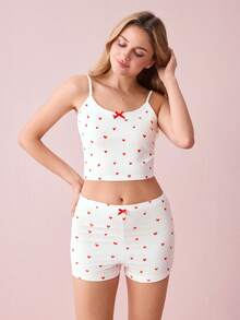 SHEIN Heart Print Bow Front PJ Set / Pajama Set White Set - White - View 4