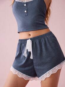 对比色蕾丝前系带吊带睡衣套装/睡衣套装假日季节 - 藏蓝色 - 查看 8