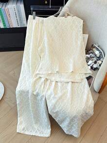 GlowEve CURVE Bộ đồ hè cỡ lớn 2 món, chất liệu vải dệt họa tiết, màu trơn, không tay, buộc dây. - trắng - Xem 2