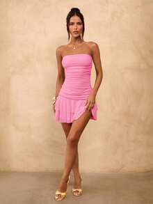 SHEIN BAE Vestido mini con volantes y ajustado de color amarillo crema sólido, vestido de verano lindo, vestido para brunch, vestido amarillo - Rosado Sandía - Ver 4