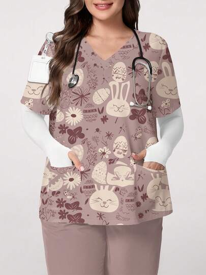 PopScrub Vintage Rabbit & Floral Plant Minimalist Cartoon Print V-Neck Short Sleeve Pocket Ear Loop Split Design Plus Size Scrub Top, Spring/Summer Nurse Uniform, Suitable For Easter & Daily Wear