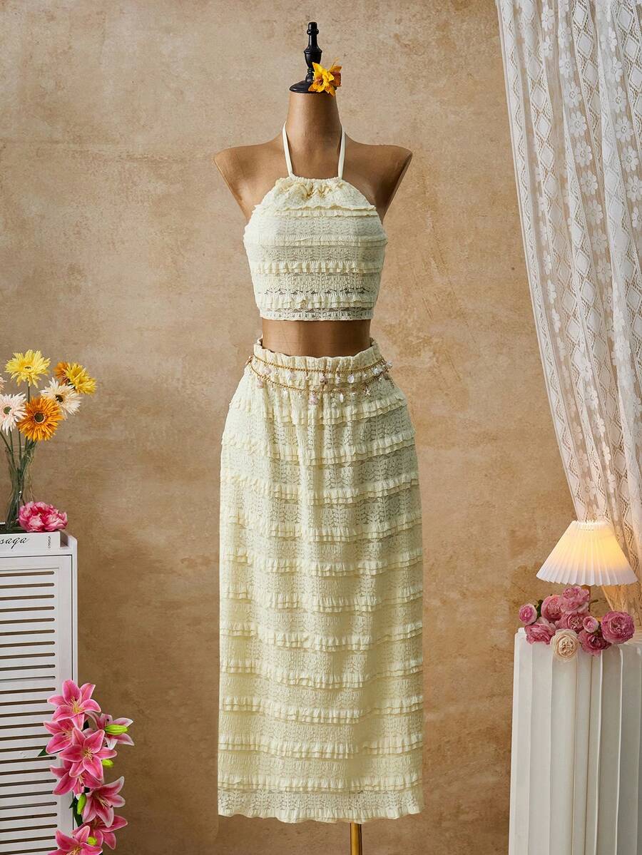 Zolique Women's Lace Trim Casual Elegant Sleeveless Top And Mini Skirt Set