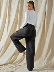 Vixey Jeans rectos de bolsillo sesgado con detalle de parche para uso diario casual de mujer - Negro - Ver 2