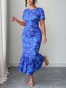 Elenzga June Release Plus Size Women Floral Print Elastic Knit Dress, Round Neck Short Sleeve Fitted Dress - Blue - View 6