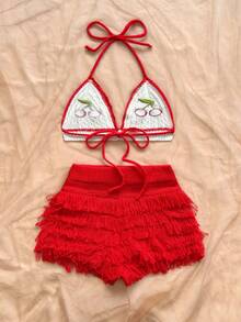 SHEIN WYWH Women's Holiday Cherry Embroidery Cropped Halter Knit Top And Fringe Knit Shorts 2 Pieces Set - Red and White - View 2