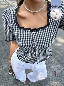 Serisse 女士休闲格纹饰边前开襟短袖衬衫，夏季款 - 黑與白 - 查看 4