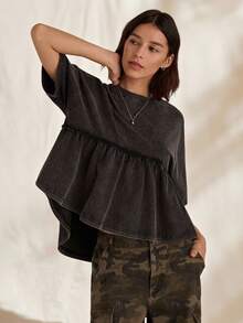 Easelle Camiseta de mujer de cuello redondo de punto casual de manga corta negra - Negro - Ver 7