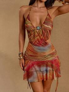 SHEIN BAE Chân váy chữ A thời trang dành cho nữ, kiểu dáng tie-dye, xếp ly eo, thắt dây bên hông, viền bèo nhún. - Nhiều màu - Xem 7
