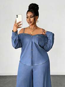 Maweii Plus Size Casual Commuter Off-Shoulder Camisole Top And Wide Leg Pants 2 Pieces Set Fall - Baby Blue - View 2